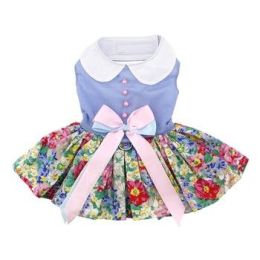 Blue and White Pastel Pearls Floral Dress with Matching Leash (Size: X-Large)