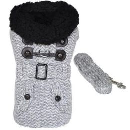 Designer Dog Coat with Matching Leash - Grey Herringbone (Size: 2X-Large)
