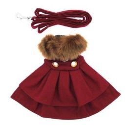 Wool Fur-Trimmed Dog Harness Coat (Size: X-Large, Color: Burgundy)
